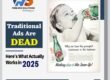 FIRM WEB SOLUTIONS advertisement with the tagline 'Qualitatively yours...' and headline 'Traditional Ads Are DEAD. Here’s What Actually Works in 2025.' Contact number: +91 8820 8820 45. Additional text highlights 'youngest customers in the business' and a reference to Seven-Up with a 'Call Now' prompt.