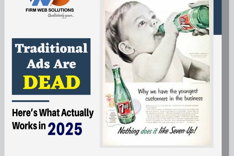 Traditional Ads Are Dead—Here’s What Actually Works in 2025 FIRM WEB SOLUTIONS advertisement with the tagline 'Qualitatively yours...' and headline 'Traditional Ads Are DEAD. Here’s What Actually Works in 2025.' Contact number: +91 8820 8820 45. Additional text highlights 'youngest customers in the business' and a reference to Seven-Up with a 'Call Now' prompt.